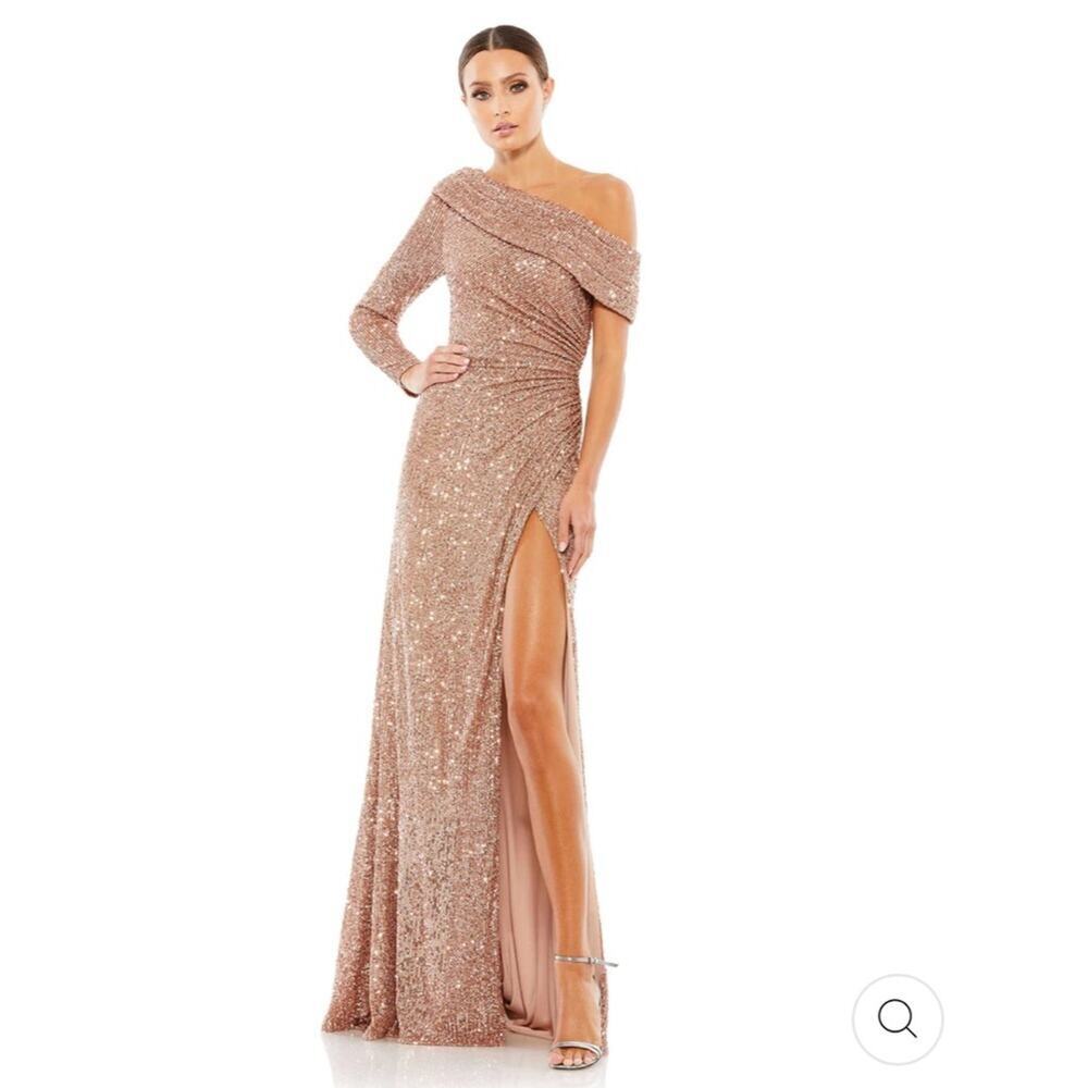 Mac Duggal Rose Gold One-Shoulder Sequin Evening Gown